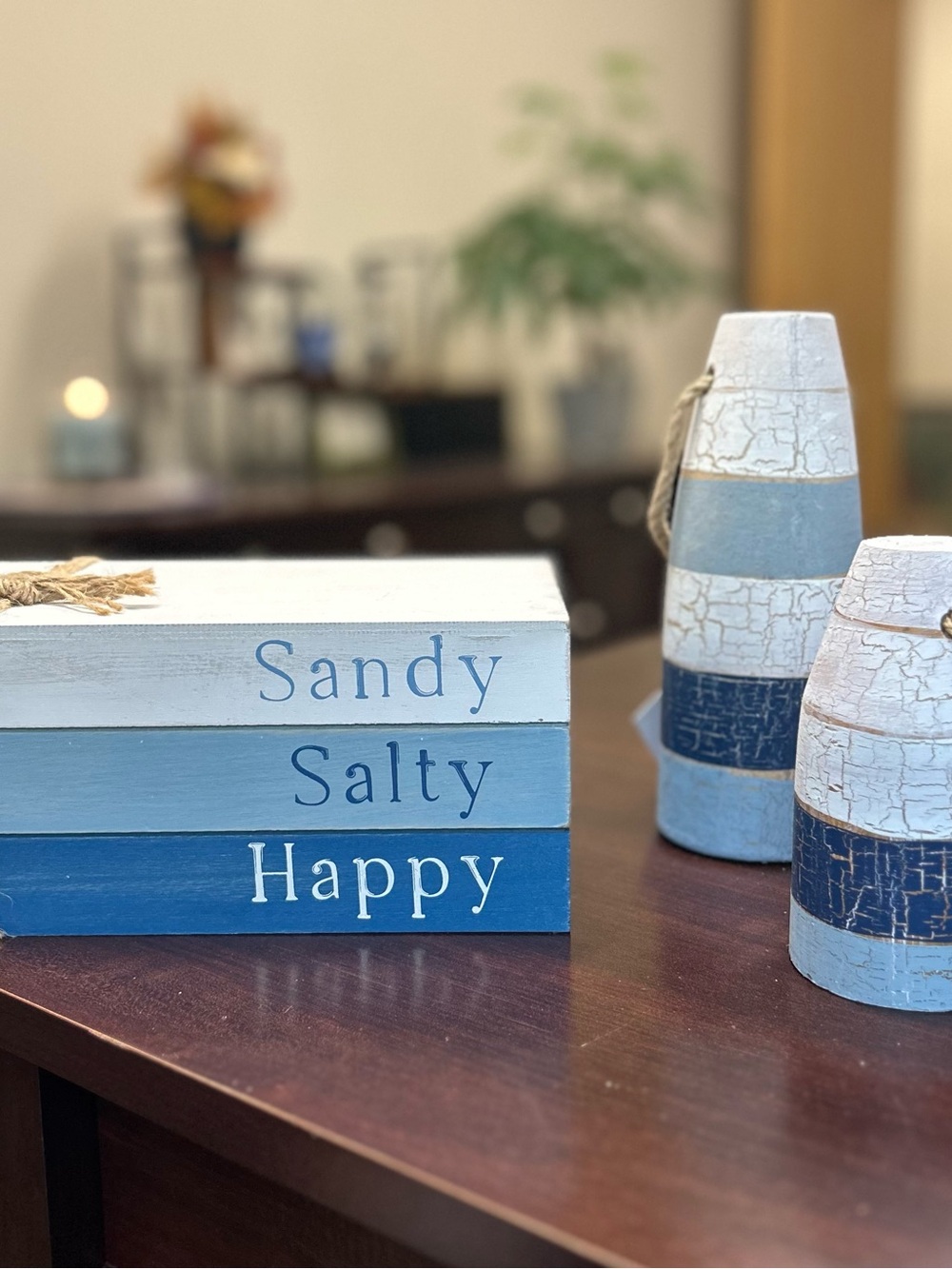 Coastal 'Sandy Salty Happy' Blue Decorative Wooden Blocks and 2 buoy’s